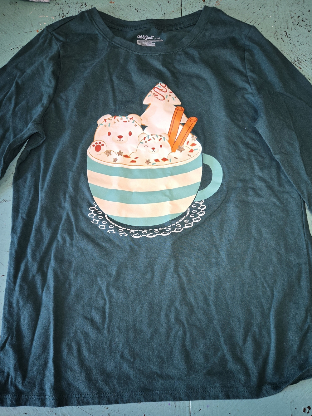 Cat & Jack Teal Long-Sleeve Tee with Cup & Kittens Graphic